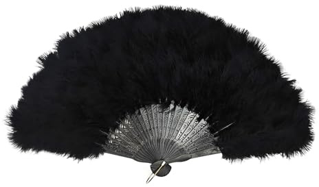MultiValue Feather Folding Hand Fan 45cm, Vintage Chinese Hand Fan With Soft Fluffy Feathers - Perfect for Women's Dance Performance, Party Decor (Black)