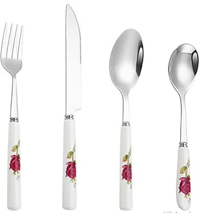 32 Pezzi con Manico in Ceramica Posate Set di Posate Coltello forchetta Cucchiaio cucchiaino da caffè Modello Rosa Set di Posate Vintage in Acciaio Inossidabile