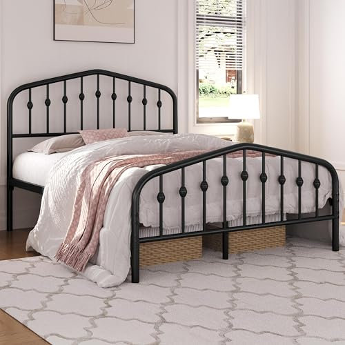 Yaheetech Struttura Letto Matrimoniale in Metallo con Testiera e Pediera 140 x 200 cm Nero Facile Montaggio Altezza 32 cm Moderno