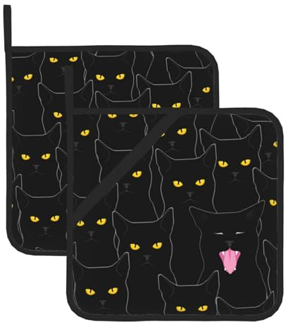 Confezione da 2 presine per cucina, con occhi gialli e gatti, resistenti al calore, con tasche per appenderle, per forno, microonde, per cucinare, campeggio, cottura