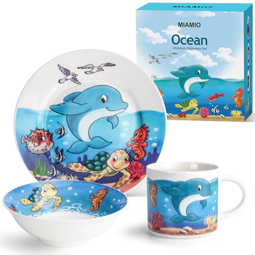 MIAMIO - 3er-Set Kindergeschirr/Porzellan Kinderbesteck, Kindergeschirr-Set aus Porzellan - Inklusive Teller, Schüssel und Tasse - Für Kinder und Kleinkinder (Ozean)