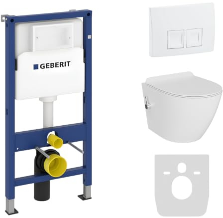 Lavita Duofix Basic Vorwandelement + Wand Tiefspül WC Salto Weiß Spülrandlos + WC Sitz + Bedienplatte Delta 25 Weißer Knopf Komplettset Unterputz Spülkasten Toilette Komplett Sett WC