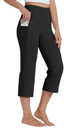WILLIT Caprihose Damen Yogahose Sporthose Capri Leggings High Waist Hosen Crop gerades Bein Sommerhose Freizeithose Sport Übung Workout 21 mit Taschen Schwarz XL