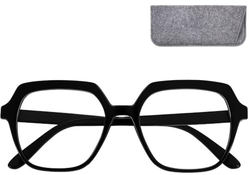 Blaulichtfilter Brille Damen Sechseckig Oversize mit Etui | Klare Gläser mit UV-Schutz, 28 g leichte Kunststofffassung, 141 mm Gesamtbreite und graues Etui zur Aufbewahrung.