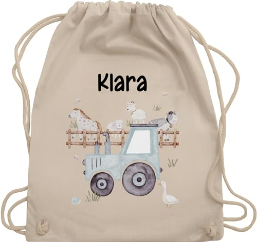 Turnbeutel Rucksack - Bauernhof Traktor Tiere mit Namen Landwirtschaftlicher Tiermotiv Bauernhoftieren - Unisize - Naturweiß - personalisierter stoffbeutel trecker traktoren beutel
