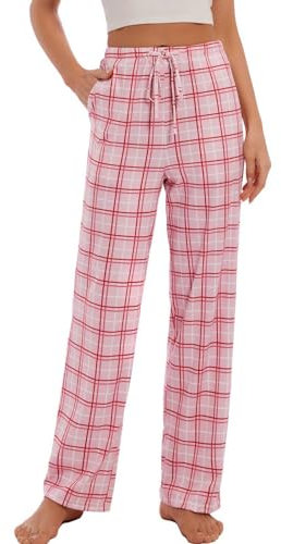 AMYTIS LINGERIE Damen Pyjamahose mit Taschen Loungehose Schlafanzughose Freizeithose Bequeme Weiche Schlafhose,kariert 08,M