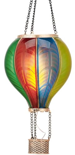 TERESA'S COLLECTIONS LED Solar Laterne Heißluftballon,Gartendeko für draußen,Solarlaterne für außen, Solarlampe zum Aufhängen,Dekorativer Flammeneffekt, Regenbogen Ballon Solarleuchte