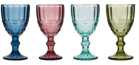 Wine Glasses Set of 4 Embossed Vintage Style Baroque Wine Goblet Glassware Set Dishwasher Safe Wine Glass Set Colourful Footed Chalice Tumblers (Assorted)