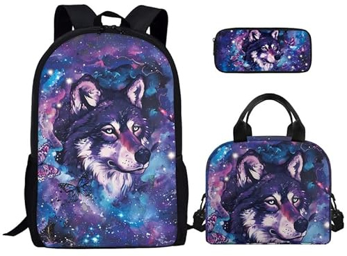Kuiaobaty Set di zaino per la scuola con stampa 3D Sport con scatola per il pranzo, zaino per libri per bambini, set da 3 pezzi con astuccio, Lupo Stellato Viola Blu