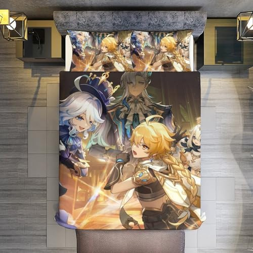 STARSAY Genshin Impact Kinder Bettwäsche 135x200 3teilig Bettbezüge mit Kissenbezüge 80x80 cm, Bettwäsche-Sets 135x200cm aus Mikrofaser mit Reißverschluss Weich (Fanartikel)