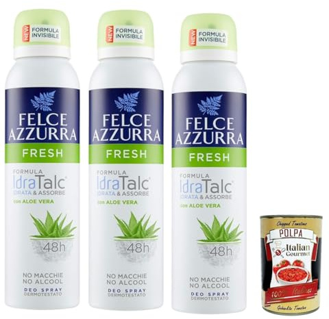 Italian Gourmet Deodorante spray Fresh con Aloe Vera 3 x 150ml Deo 48h | Formula IdraTalc / mit pflegenden Pflanzenextrakten, wirksam gegen Gerüche, Gesamtnettogewicht 450 ml + Kostenlos Polpa 400g