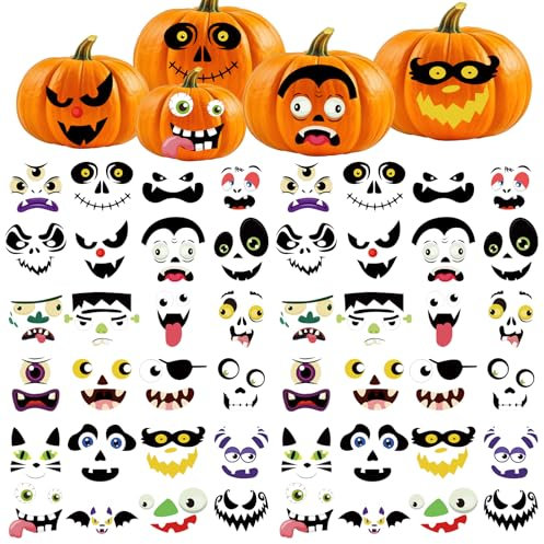 Qpout 48 Packungen Halloween Kürbis Dekoration Aufkleber DIY Halloween Kürbis Gesicht Aufkleber Niedliche Halloween Aufkleber Halloween Kürbis Dekorationen
