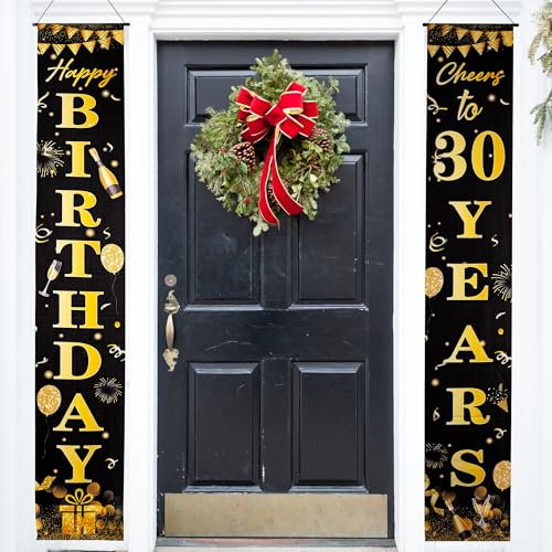 Happy 30th Birthday Party Dekorationen Schwarz Gold 30. Geburtstag Türbanner Veranda Hängendes Banner 30. Geburtstag Türdekorationen für Frauen Männer 30 Jahre alt Indoor Outdoor Garten Schwarz Gold