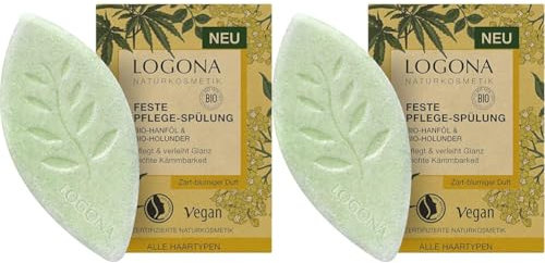 LOGONA Naturkosmetik Feste Spülung für mehr Glanz und natürlich gesundes Haar, Conditioner Bar mit veganer Formel aus Bio Hanf und Bio Holunder, 1 x 60 g (Packung mit 2)