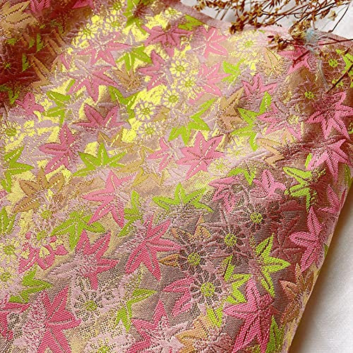 IBOWZ Tissus De Soie Tissu Jacquard en Soie Brocart satiné tissé Motif Feuille d'érable doré Style Japonais Emballage Cadeau Table Kimono Ceinture vêtements Tissu Chinois Fait Main 75X50cm, Rose
