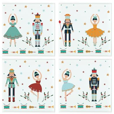 Christmas Nutcracker Glass Coaster Set - Ballet Festive Xmas Gifts - Set of Four (4) Square Drinks Coasters
