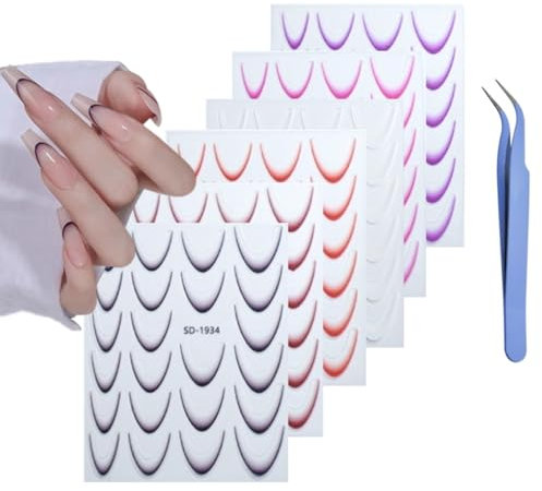 6 Sheets French Nail Art Stickers - Self-Adhesive French Tip Stickers with Tweezer for Women Girls DIY Nail Art Supplies