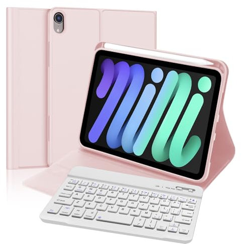 FOGARI iPad Mini A17 Pro 2024 /iPad Mini 6 2021 8.3'' Keyboard Case, Slim Smart Case with Detachable Bluetooth Keyboard, Pink