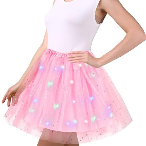 Rosa Tüllrock Damen, 45cm Sterne Pailletten Tanzkleid, Dehnbaren Minirock Mit LED Lichter, Erwachsene Tütü Rock Ballettrock für Fasching Halloween Karneval Party, Ballett Tanzen Dress für Teenager