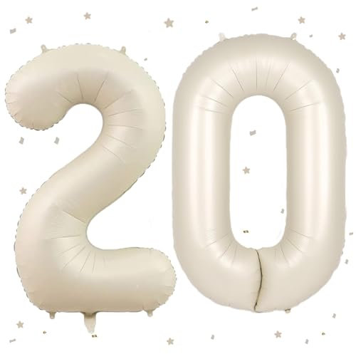 UDRKFOPK Beige Luftballon 20,Zahlen Luftballon Beige,40 Zoll Creme Weiß Folienballon 20,101cm Beige Zahlenballon 20 Helium Ballon Luftballon 20 Geburtstag für 20th Geburtstagsdeko Mädchen Junge
