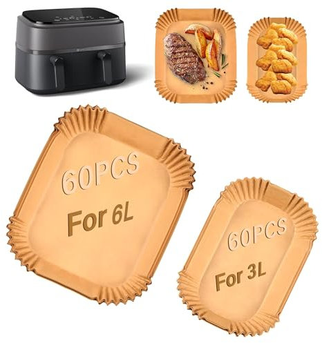 Fioxcomko 120PCS Air Fryer Liners for Tefal 5.2L & 3.1L /Philips Dual Basket Air Fryer, Disposable Parchment Paper Fryer Accessories