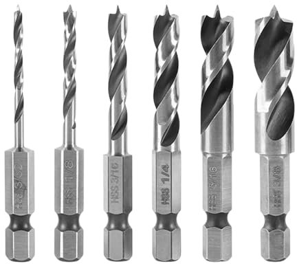 6 Stück Stubby Bohrer Set, 1/4 Zoll Sechskantschaft Kurzer Bohrer Holzspiralbohrer mit Zentrierspitze und Vorschneider, Kurzbohrer Holzbohrer Set für Hartholz, Weichholz, Sperrholz