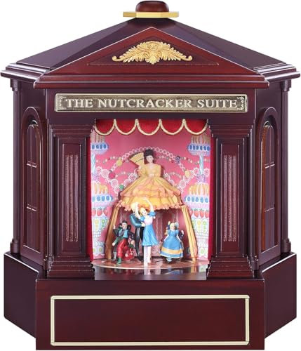 Lutèce Créations Mister Christmas Spieluhr aus Holz/Theater mit 3 Szenen aus dem Nussknacker-Ballett, vielen Lichtern, 9 Musik, Automaten und Stoffvorhängen