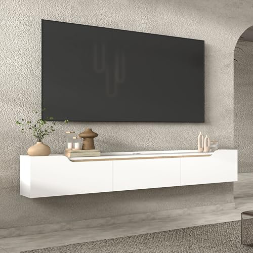 Uniq Trio Modern Floating TV Unit, 180 cm, Wooden Wall Mounted TV Stand with Hidden Storage, Symmetrical Doors, Contemporary TV Cabinet. (White)
