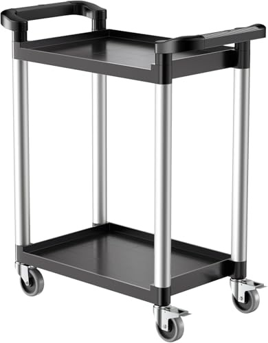 VEVOR Chariot de Service, 800x410x945 mm, Desserte à roulettes Utilitaire en Plastique à 2 Niveaux, avec Roues Pivotantes 360° (2 avec Freins), pour Entrepôt, Bureau, Maison, Restaurant, Cuisine