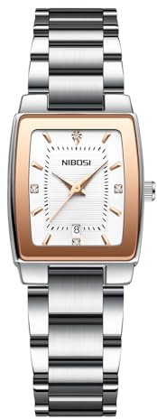 NIBOSI Orologio da Polso da Donna, Quadrante Rettangolare, Cinturino in Acciaio Inossidabile, Oro Rosa e Argento, Elegante, Casual, alla Moda, di Lusso, Quadrato, Quadrante Argento, Calendario.