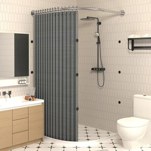 zenggp Gebogenes Duschvorhang-Set Mit Duschvorhangstange Und Wasserrückhaltestreifen, Magnetischer Saugnapf Und Wasserdichtem Design, Für Kleine Badezimmer(X（85-90）× Y（85-90）,Gray + Silver)