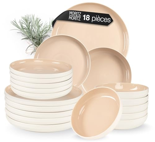 Moritz & Moritz Service de table en grès pour 6 personnes - 18 pièces avec assiette de service, assiettes à dessert et assiettes creuses - Couleur amande - Série Cavo