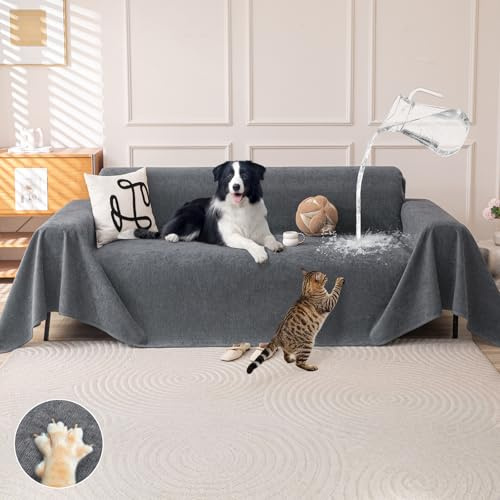 Royhom Kratzschutz Sofa Katze, Chenille Sofa Überzug Wasserdicht, Sofaschoner rutschfest, Couch Überzug Ecksofa, Sofabezug L Form, wasserdichte Decke, Couch Überwurf Grau, 300x180 cm