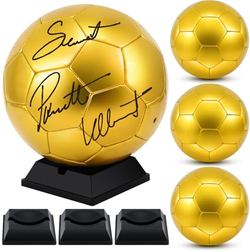 Hiboom 4 Pcs Gold Soccer Ball Autograph Football with Display Stand Air Pump for Trophies Anniversary High School College Coaching Gift Awards Championship Party (Size 4,Gold)