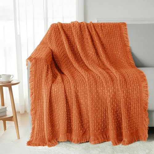 Exclusivo Mezcla Kuscheldecke Strickdecke mit Fransen, Weiche und Leichte Tagesdecke Bettüberwurf mit strukturierter Optik für Sommer, 150x200 cm, Orange