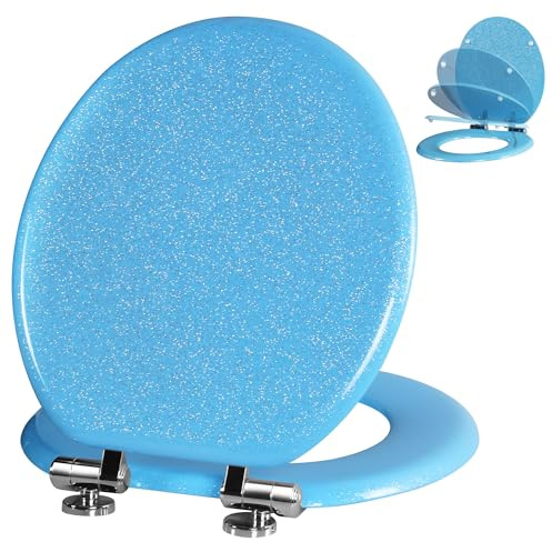 Angol Shiold Glitter Toilet Seat Molded Wood Round Toilet Seat with Quietly Close and Quick Release Hinges, Easy to Clean also Easy to Install (Round 16.5'', Blue)