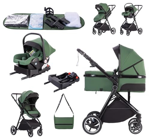 Zkiprm Kinderwagen 3 in 1, Doppelte Faltun Kinderwagenset mit ISOFIX BASE | Zwei-Wege-Schub Babywagen, Liegeposition verstellbar, Große ausziehbare Verdeck, bis 15 kg, 0-3 Jahre