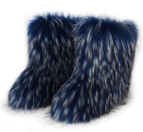 Galindopia Femmes Linda Fluffy Bottes Chaud L'hiver Bottes de Neige with Faux Raccoon Fourrure Chaussures Custome Festival Chaussures Fourrurery Feet Paws Rave Fuzzy Leg Chauder Outdoor Blue Size 41