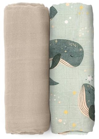 Petite&Mars Set aus 2 Musselin-Bambus-Wickeltüchern Misty 2in1 * 120 x 120 cm * hypoallergen * Bambus * Baumwolle * Spucktuch * Bäuerchentuch * Musselintuch * Musselin-Wischtuch (Whale Song)