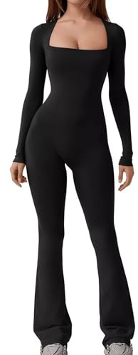 Hybursky Gym Jumpsuit for Women Long Sleeve Bodycon Bodysuit Seamless Square Neck Flared Wide Leg Yoga Playsuit Slim Fit Casual Full Length Jumpsuits Workout Going Outfits | Flared Wide Leg Yoga Playsuit Black Slim Fit Casual Romper Full Length Seamless Jumpsuits for Women UK Workout Going Outfits