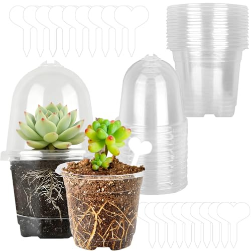 Pépinière Transparents, 20 Pièces Godet Semis Pot Transparent Plante, Réutilisable Pots de Fleurs en Plastique et étiquettes, Pépinière Pots Transparent avec Humidité Dôme, pour Plantes