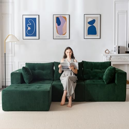 MAXYOYO Corner Sofa with Cup Holder, Boneless Couch with Memory Foam Deep Seat, Jumbo Corduroy Modular Sectional Sofa Convertible for 3/4 Seater, No Assembly Required