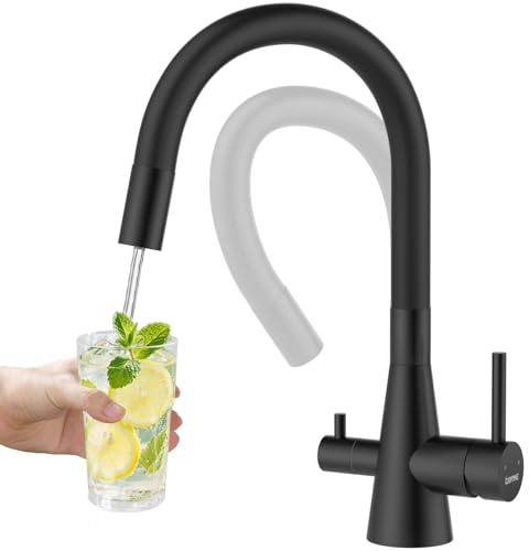 DAYONE Grifo Cocina 3 Vías Negro Mate, Manguera Flexible 360°, Grifo 3en1 Filtro Agua Potable
