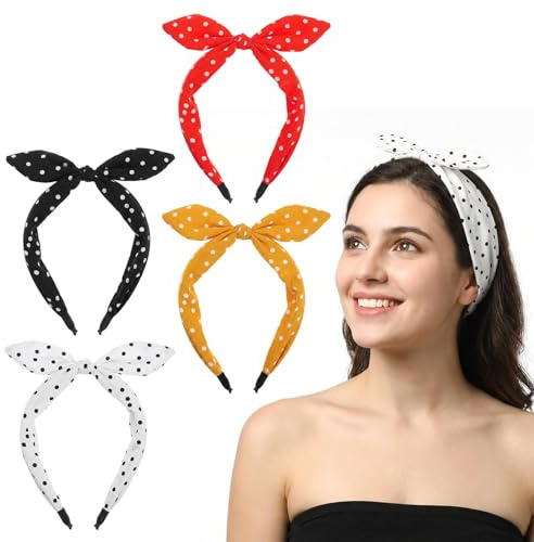 Classicseali 4 Stück Rockabilly Stirnband Damen, Gepunktete Haarbänder | Breites Stoffhaarband, 50er 90er Jahre Deko, Outfit-Accessoires, Rutschfest Vintage Haarband mit Schleife und Punkte