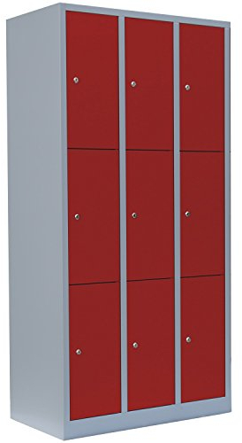 Lüllmann 9 Fächer Schließfachschrank komplett montiert grau/rot 180x88,5x50cm (HxBxT) Wertfachschrank Fächerschrank Spind Umkleideschrank 520334