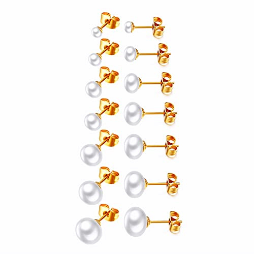 JewelryWe Schmuck Damen Ohrstecker, 4mm~10mm Hochwertige Süßwasser Zuchtperlen Edelstahl Perlenohrstecker Ohrringe mit Weiß Echten Perlen, Gold