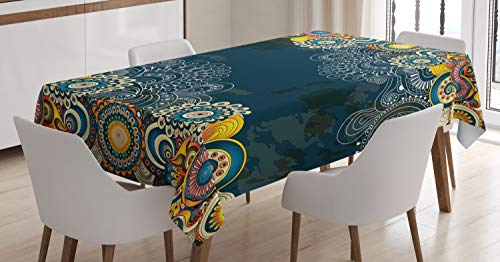 ABAKUHAUS Psychedelisch Tischdecke, Mandala Paisley, Schmutzabweisend Pflegeleicht Waschbar Druck Mit Klaren Farben ohne Verblassen, 140 x 170 cm, Gelb Blau