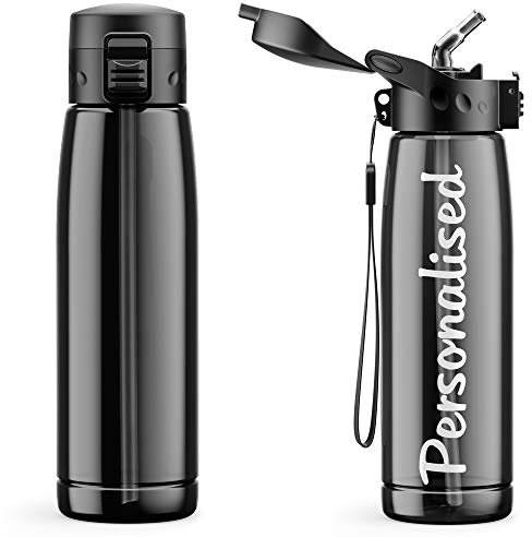 Purple Print House Personalised Water Bottle With Straw - 660ml - School Water Bottles - Gym Bottle - Bpa Free - Cycling Sports - Add Your Custom Name To Bottled Water (Black)