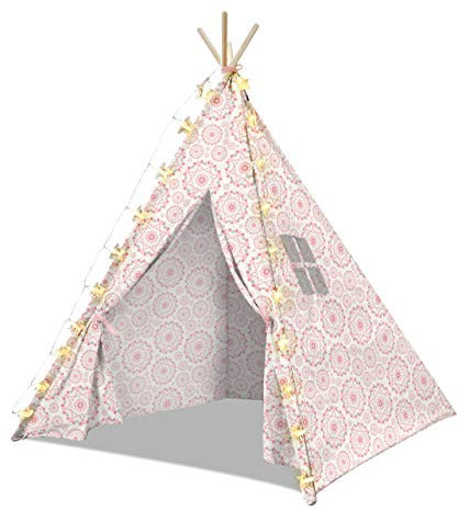 Gate 35 Tienda de Juegos Tipi de Lujo para niños de 5,5 pies - Incluye 20 Luces de Cadena de Estrellas - Tipi de Mezcla de Lino y algodón Natural - Regalo de casa de Juegos para decoración de