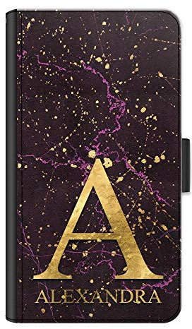 Personalised Initial Phone Case For Apple iPhones, 16, 15, 14,13, 12, 11, Pro Max, Mini, XR, XS, SE, PU Leather Phone Case with Yellow Initial and Name on Pink and Black Marble, Flip Phone Cover